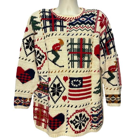 Jacque & Koko Patchwork Knit Sweater Size 18/20 XXL Ski Flag Winter Heart Womens - Picture 1 of 7